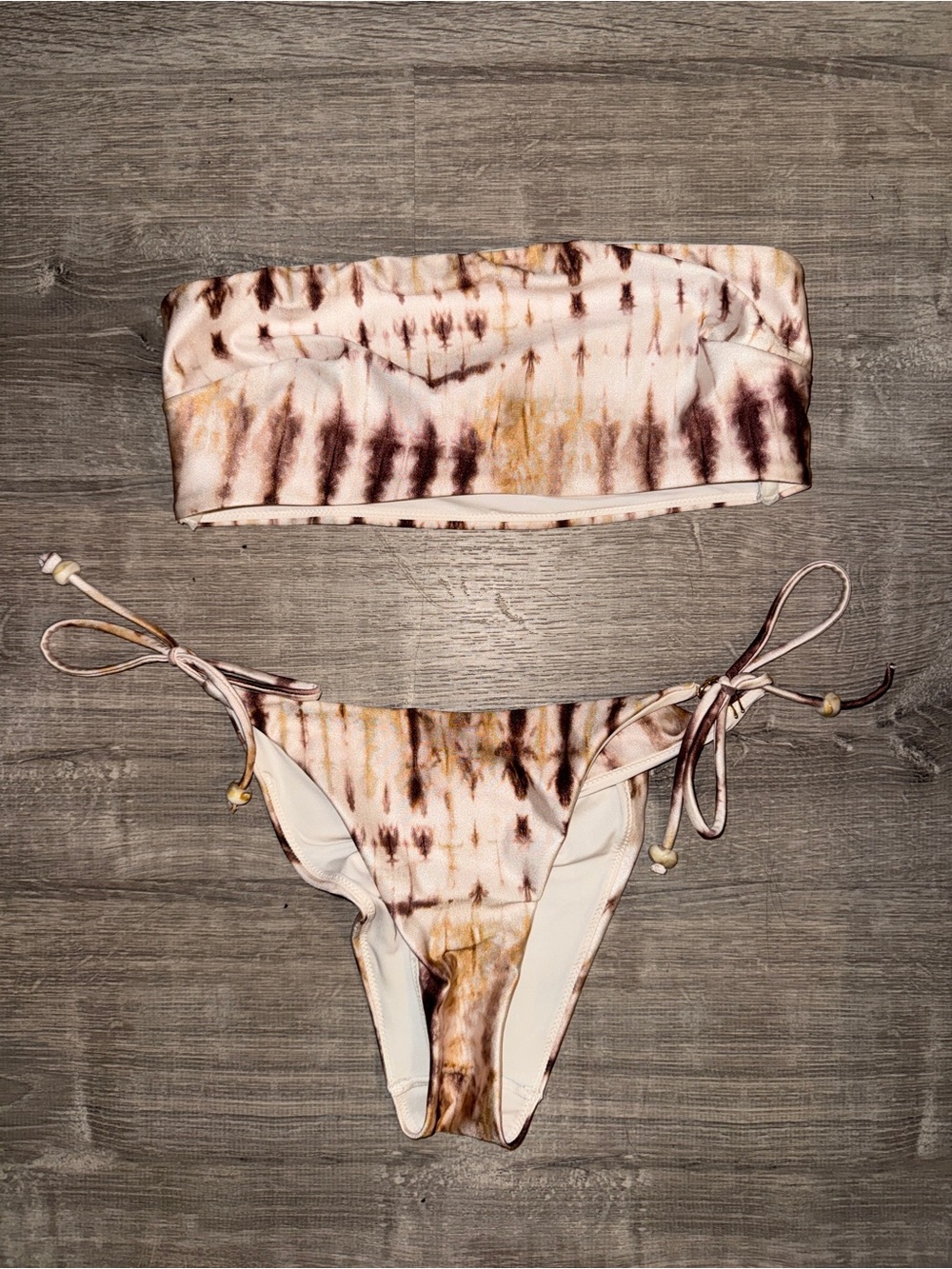 H&M Tie-Dye Bandeau Bikini in Cream and Brown